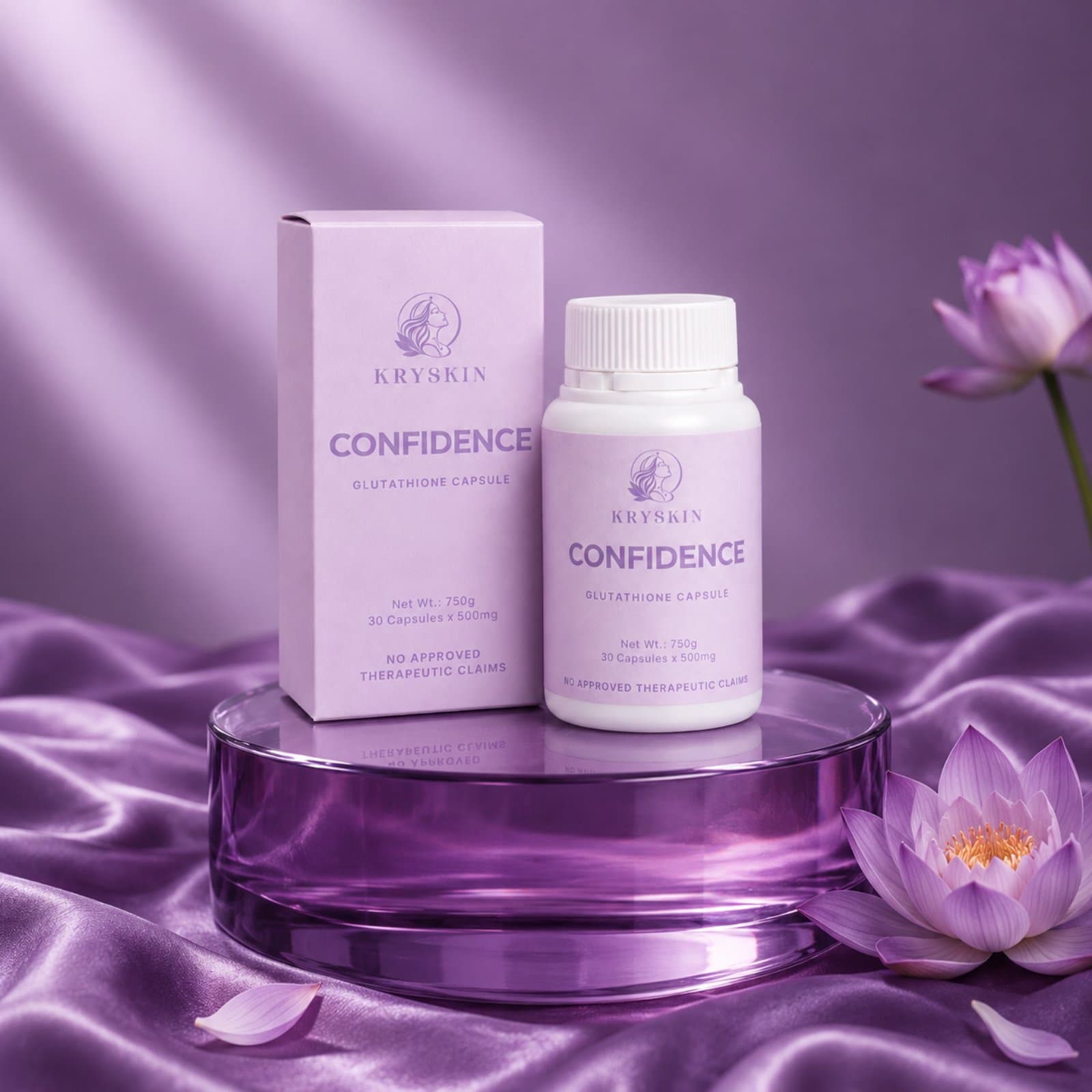 Confidence box and bottle on a glass stand with lotus flowers