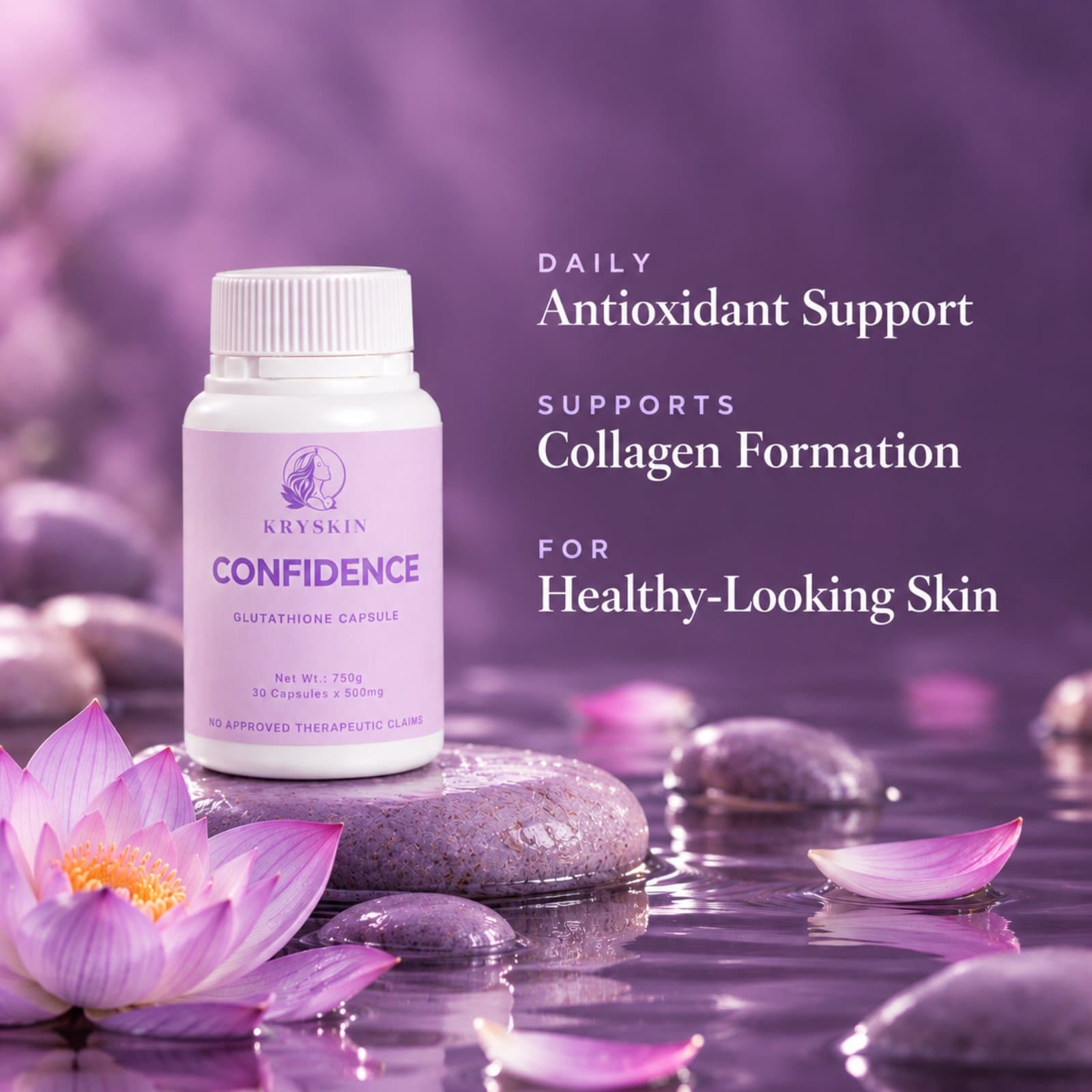 Confidence bottle on smooth stones with lotus flowers