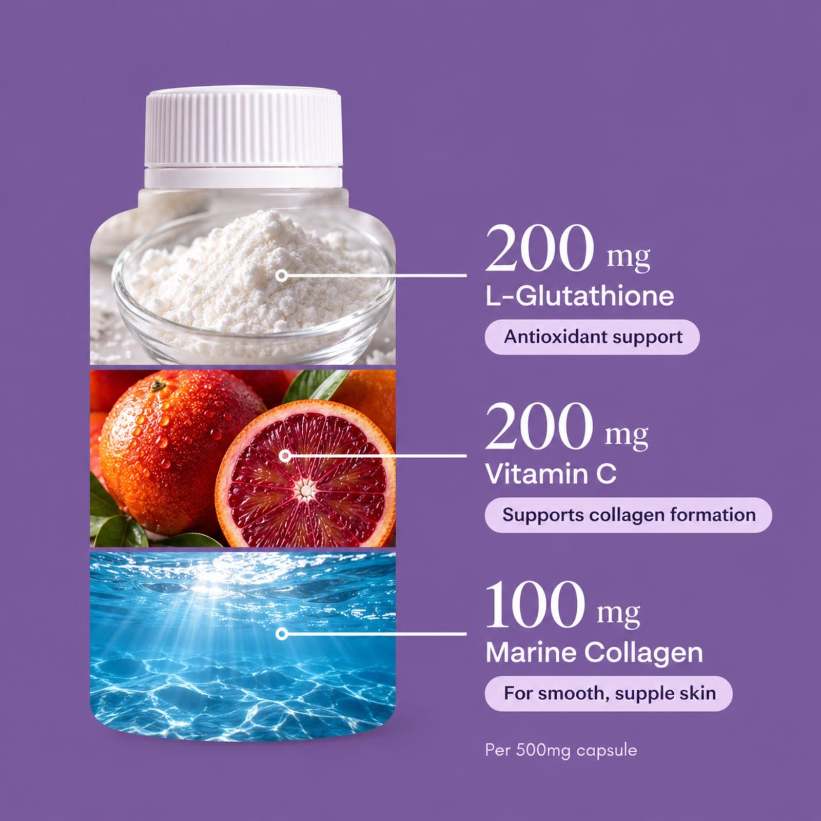 Inside one capsule: 200 mg L-Glutathione, 200 mg vitamin C, 100 mg marine collagen