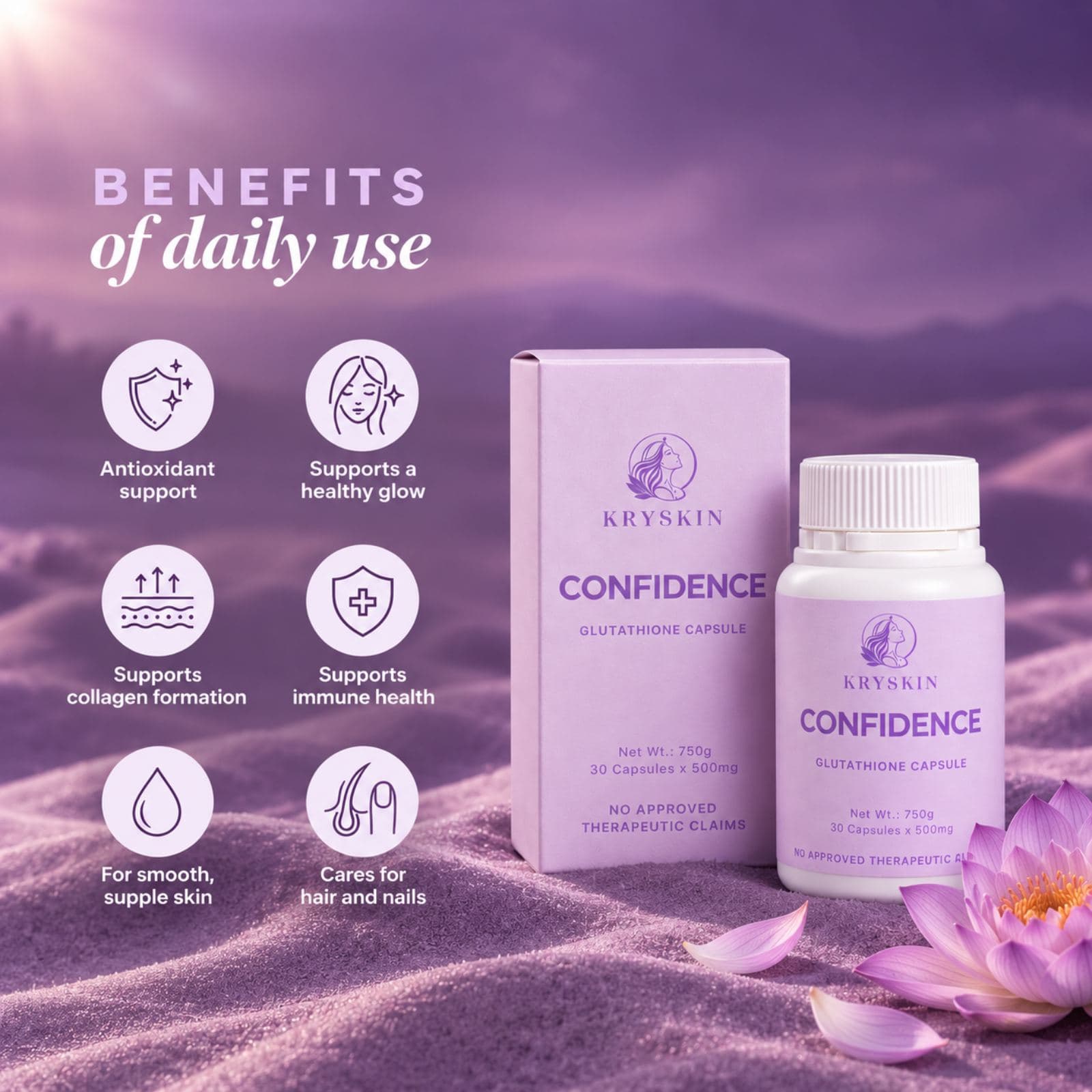 Benefits of daily use, on a lavender dune with lotus flowers