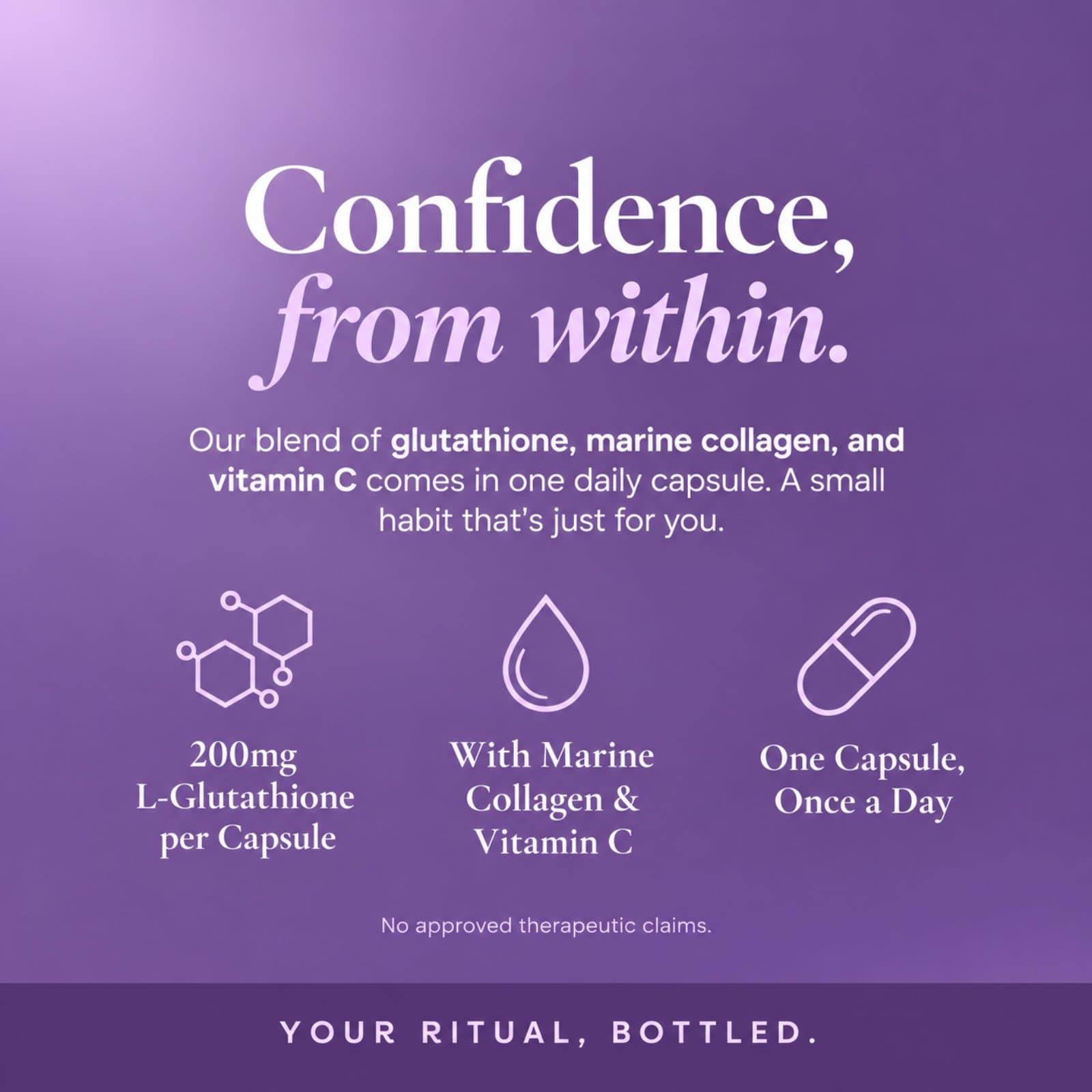 Confidence, from within: glutathione, marine collagen and vitamin C in one daily capsule